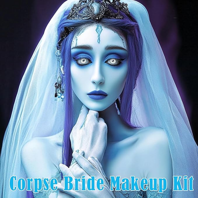 Sally Makeup Kit,Corpse Bride Halloween Makeup Kit,Water Based Light Blue Face Body Paint+Black Eyeliner+Red Lipstick+Sponge,Baby Blue Face Painting Kit for Sally Costume Cosplay