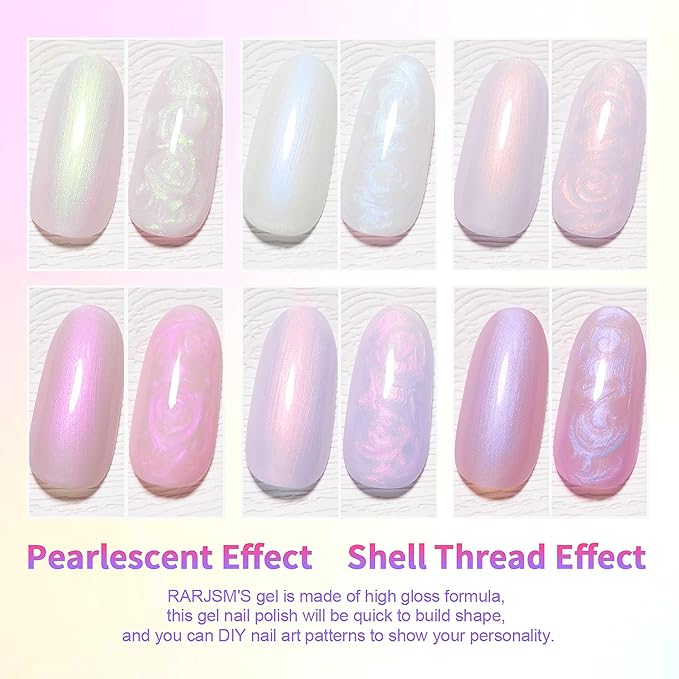 RARJSM Pearl White Gel Nail Polish Set Iridescent Mermaid Shell Glitter Gel Polish 6 Light Colors Purple Blue Pink Red Gold Shimmer Multichrome Swirl Thread Effect Soak Off Curing Requires