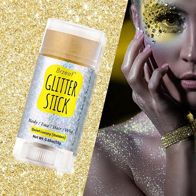Brzeaf Waterproof Golden Glitter Stick, Halloween Glitter Makeup, Shimmery & Long Lasting, Chunky Glitter for Face/Body/Hair/Eyes/Lip, Singer Concert Music Halloween Christmas Rave Festival
