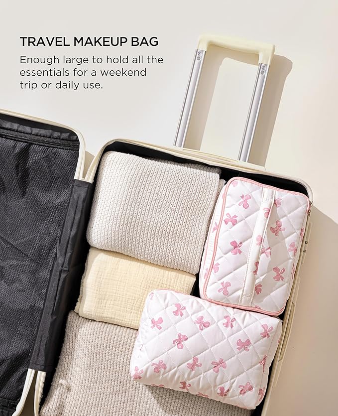 HBselect 2Pcs Travel Makeup Bag, Large Cotton Quilted Makeup Bag Cosmetic Bag Cute Make up Bag Toiletry Bags for Women Girls