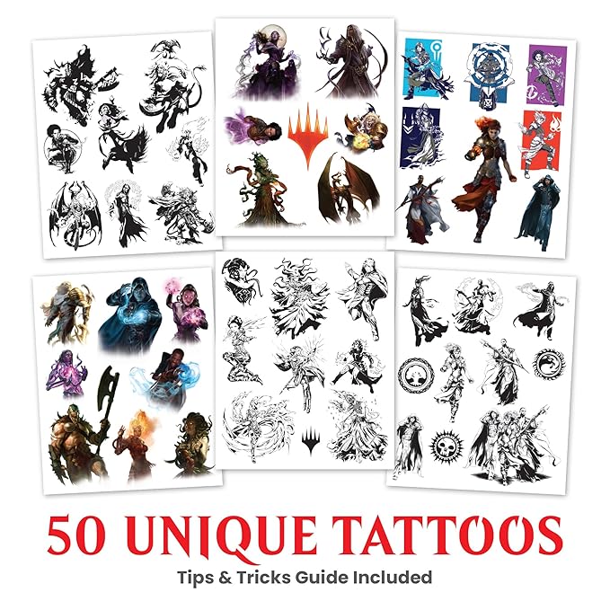 Savvi - 50 Magic the Gathering Temporary Tattoos: Skin-Safe Ink, Great for Birthday Parties, Gifts for Boys and Girls Ages 4-12+, Made in the USA [6 sheets, 50 count]