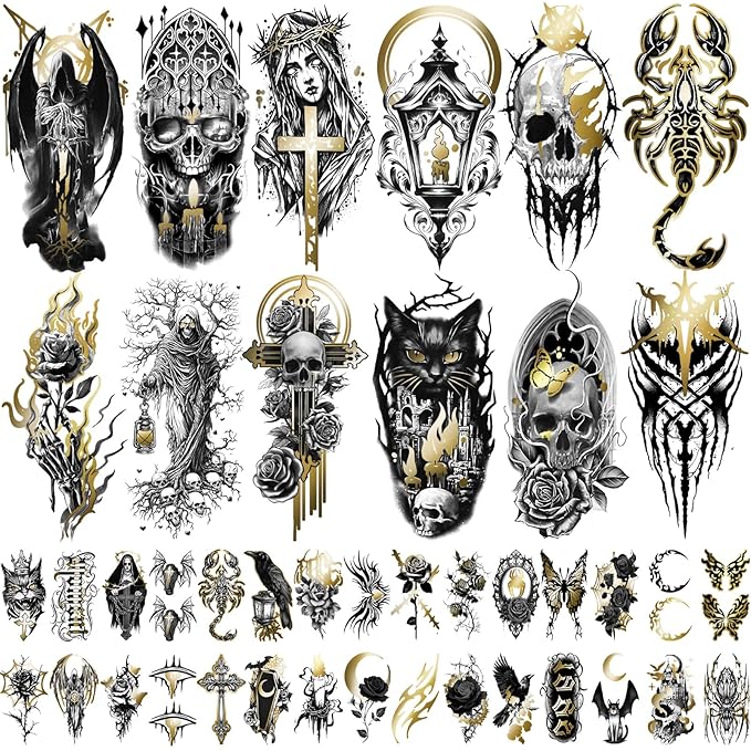 42 Sheets Gothic Temporary Tattoo, 12 Sheets Metallic Skull Cat Snake Spider Crow Half Arm Scary Fake Tattoos for Adults Men Women, 30 Sheets Small Tattoos Stickers for Party Supplies