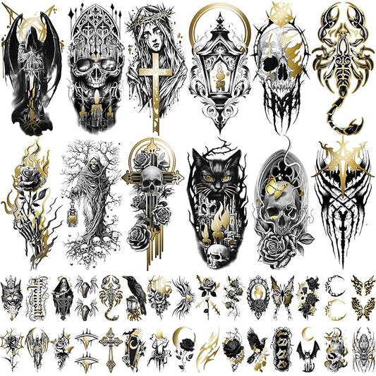 42 Sheets Gothic Temporary Tattoo, 12 Sheets Metallic Skull Cat Snake Spider Crow Half Arm Scary Fake Tattoos for Adults Men Women, 30 Sheets Small Tattoos Stickers for Party Supplies