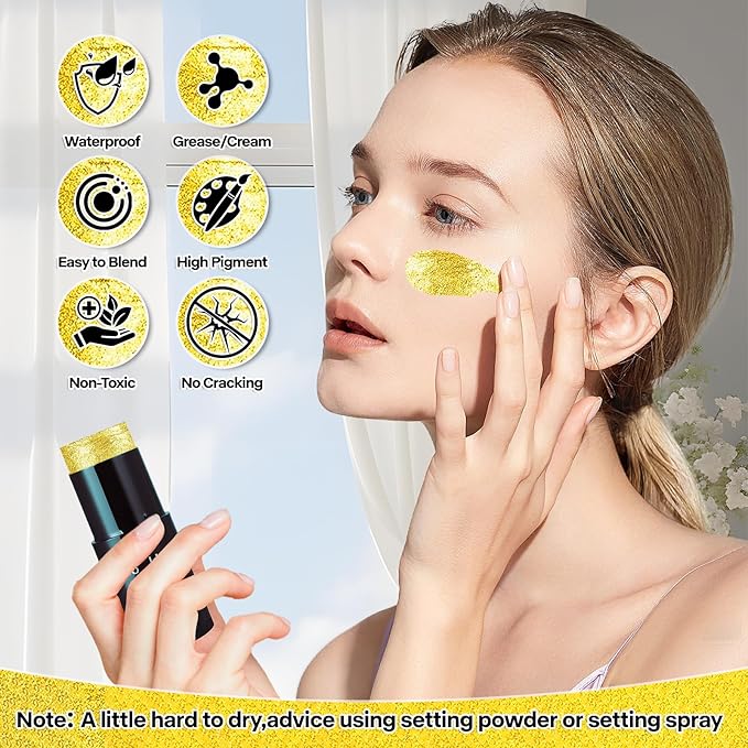 Go Ho Cream-Blendable Gold Face Paint (1.06 oz),Waterproof Gold Face Paint Stick for Halloween Cosplay Zombie Vampire Skeleton Clown SFX Makeup,Gold Eye Black Stick