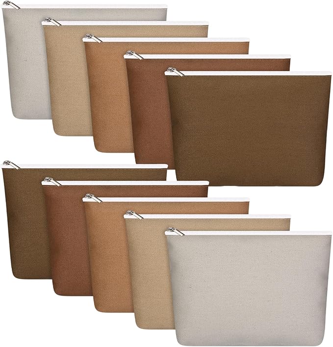 Reginary 10 Pcs Canvas Makeup Bags Bulk for Women Blank DIY Pencil Pouch Travel Toiletry Cosmetics Bags Gift for Christmas Breast Cancer Awareness Thanksgiving Wedding Nurses Teacher(Brown)