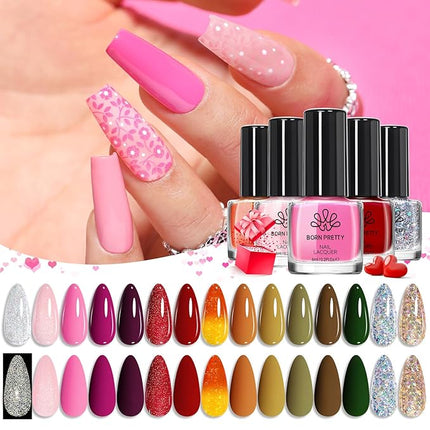 Born Pretty 15 Colors Nail Polish Set, Quick Dry Nail Polish Kit Pink Red Silver Gold Glitter Color Changing Orange Nail Lacquer Glossy Nail Polish Manicure Set for Valentines Day Gift