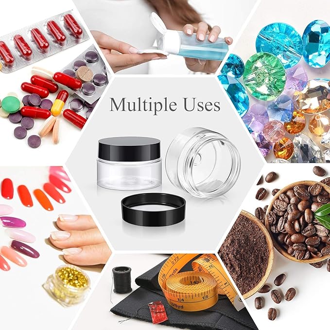 SATINIOR 24 Pieces Empty Clear Plastic Jars with Lids Round Storage Containers Wide-Mouth for Beauty Product Cosmetic Cream Lotion Liquid Butter Craft and Food (Black Lid, 1 oz)