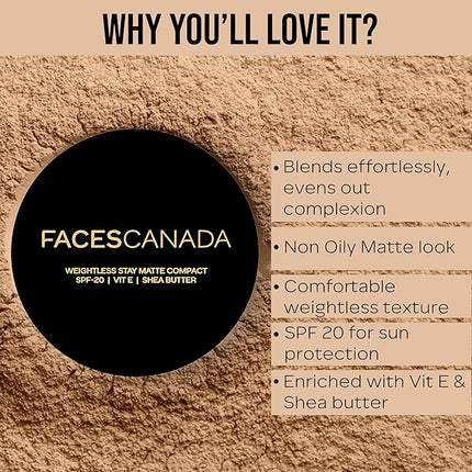 FACESCANADA Weightless Matte Finish Compact Powder - Natural | Non Oily Pressed Powder | Easy Blendable & Lightweight | Sun Protection with Vitamin E | 0.32 Oz/9g