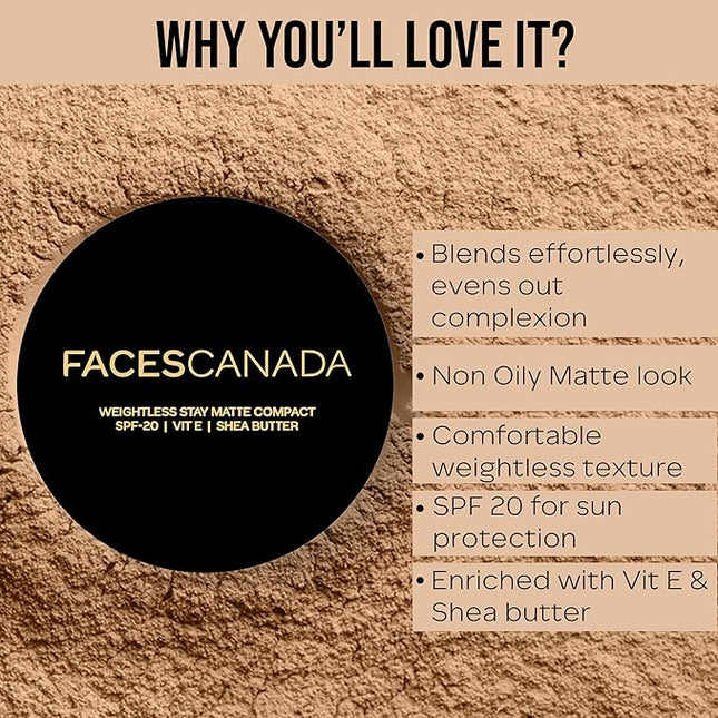 FACES CANADA Weightless Matte Finish Compact Powder - Beige 03 | 9 g | Non Oily Matte Look | Evens Out Complexion | Hides Imperfections | Blends Effortlessly | Pressed Powder For All Skin Types