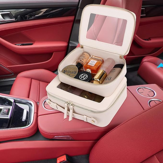 Pinkmik Clear Makeup Bag for Women Waterproof Travel Cosmetics and Toiletries Case Portable Makeup Oaganizer Bag Clear Car Bag with Zipper (Beige, L)