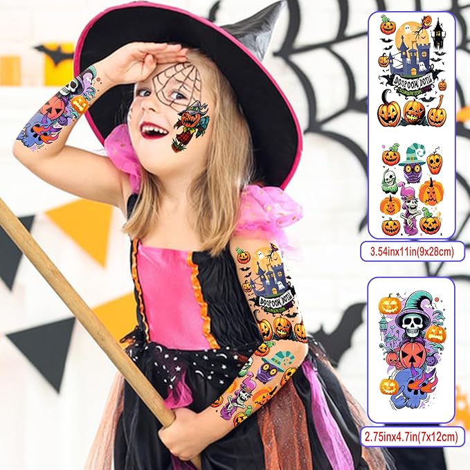 52 Pcs Bright colors Halloween Temporary Tattoo for Kids Full Arm for Girls Boys Pumpkin Ghost Castle Monster Body Face Fake Arm Tattoos Makeup Tiny Tattoo Stickers Scary Halloween Party Supplies