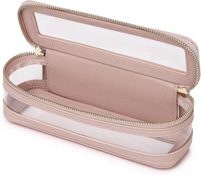 Pinkmik Makeup Brush Case Clear Travel Cosmetic & Toiletry Bag Slim Makeup Bag with Zipper Small Purse Organizer Car Essential Bag for Women (Pink, SLIM-1)