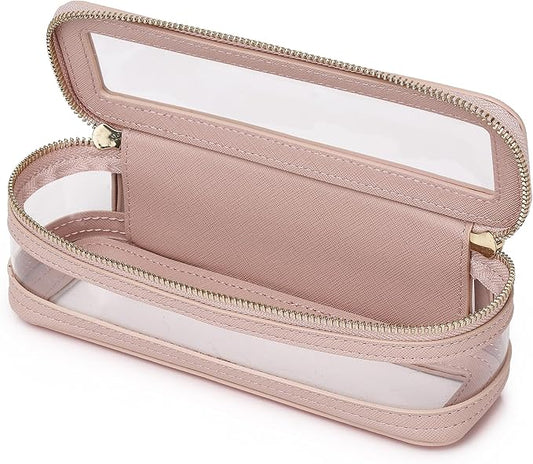 Pinkmik Makeup Brush Case Clear Travel Cosmetic & Toiletry Bag Slim Makeup Bag with Zipper Small Purse Organizer Car Essential Bag for Women (Pink, SLIM-1)