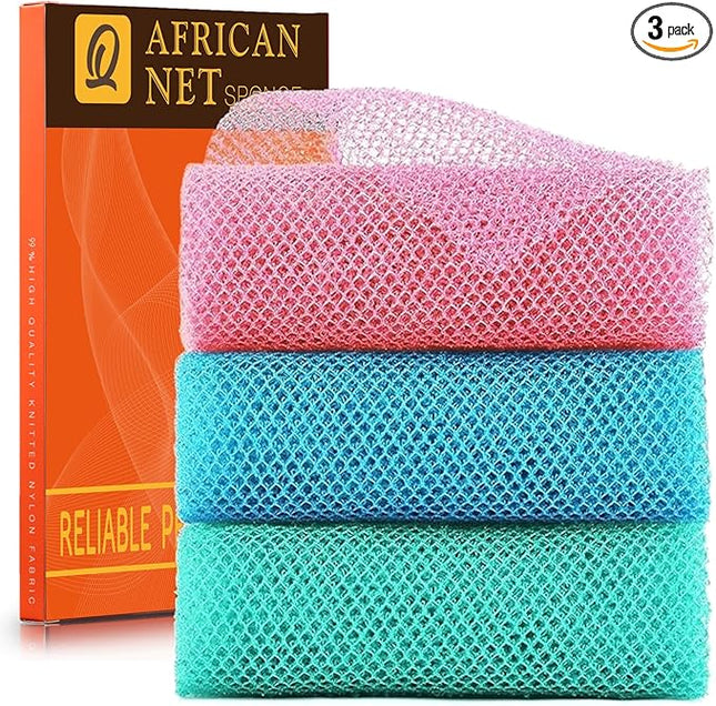 UJFQBH 3 Pieces African exfoliating net African Net Long Net Bath Sponge Exfoliating Shower Body Scrubber Back Scrubber Skin Smoother,Great for Daily Use (Pink, Blue, Green)