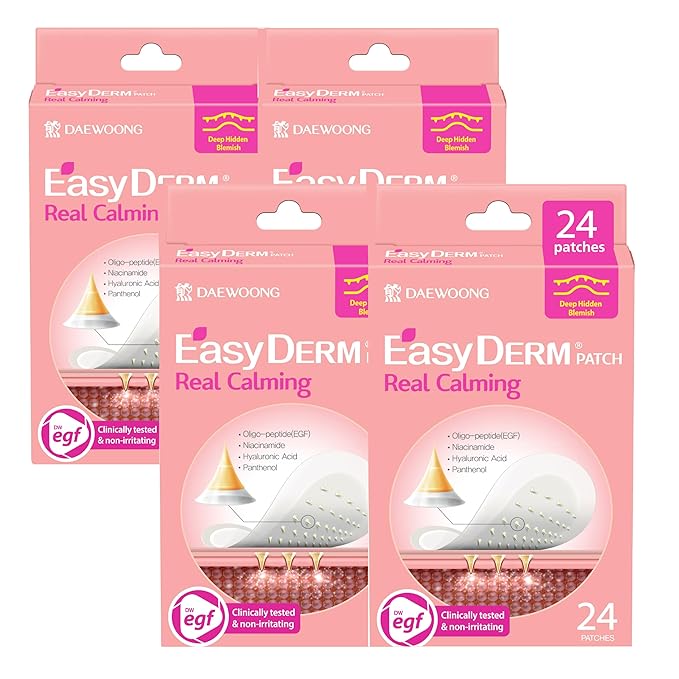 Easyderm Real Calming Patch Micropoint Pimple Patches, Niacinamide, Hyaluronic Acid, EGF, K-Beauty Skincare | 6 Patches per Pack, 4 Packs (24 Total) Micro Piont length : 285μm