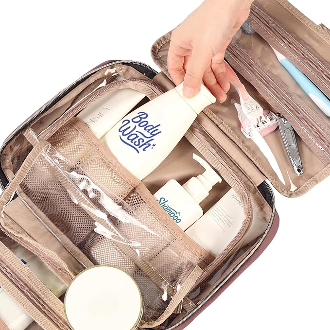NISHEL Travel Toiletry Bag for women, Portable Hanging Organizer for Travel-Sized Shampoo, Conditioner, Brushes Set, Makeup Accessories, Medium Size, Rosewood-Pink