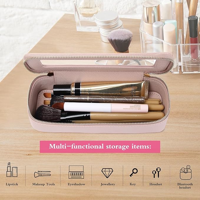 Pinkmik Makeup Brush Case Clear Travel Cosmetic & Toiletry Bag Small Makeup Bag with Zipper Purse Organizer Car Essential Bag for Women (Pink, SLIM)
