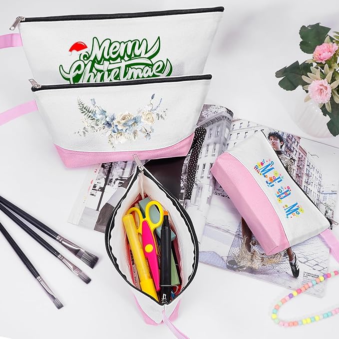 10 Pieces Cotton Canvas Makeup Bag with Bottom and Strap, Multi-Purpose Cosmetic Bag with Zipper Travel Toiletry Pouch, Blank DIY Craft Bag (White&Pink, XS)