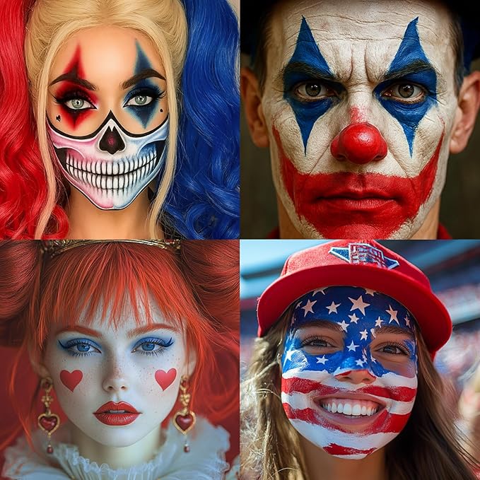 BAD COLOR 3PCS Red Blue Face Body Paint Stick Makeup for Harley/Joker SFX Cosplay & Dress Up, Red Liquid Eyeliner Stamp Pen for Clown Costume Cosplay