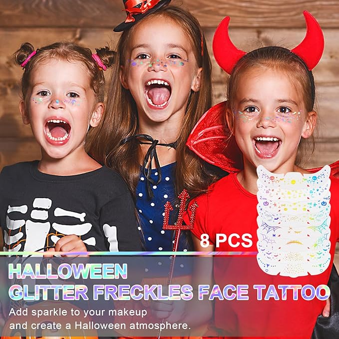 8PCS Halloween Glitter Freckles Face Tattoo, Sparkle Freckles for Women and Kids, Cute Star Waterproof Gold Temporary Face Tattoos Glitter Glow Up Patches (8PCSC Holographic Multicolor)