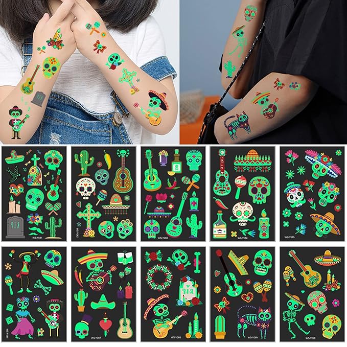 Day of the Dead Luminous Halloween Temporary Tattoo for Kids Adults, 125PCS Waterproof Fake Face Tattoos, Body Stickers Decorations Glow in the Dark, Makeup Party Favors Supplies Decor Boys Girls