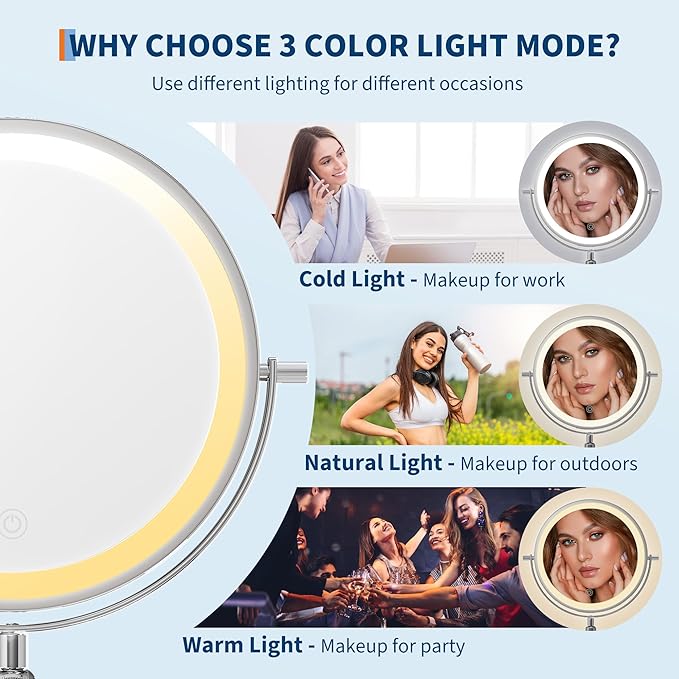 Garvee Lighted Makeup Mirror, Rechargeable Height Adjustable Double Sided Vanity Mirror, 1x/10x True HD Magnifying, Brightness Adjustable, Three Colors, 360° Rotation Vanity, Gift for Women, Chrome