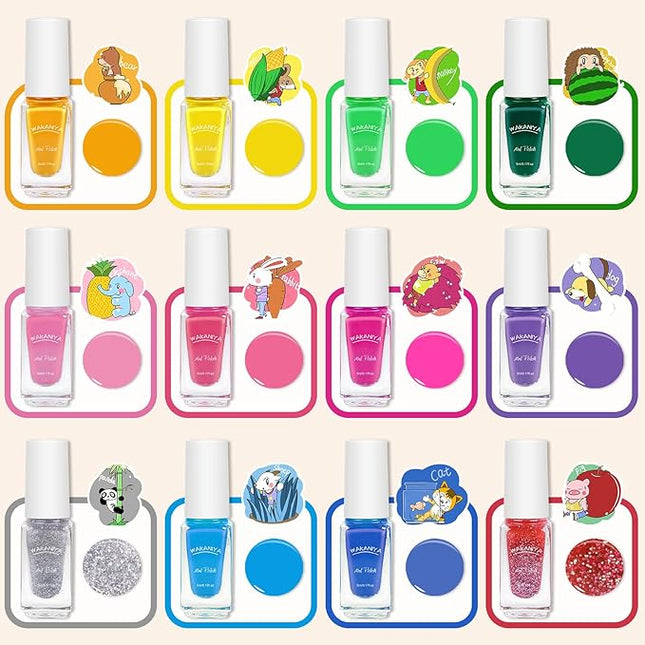 wakaniya Kids Nail Polish Set for Girls - 12 Candy Colors Safe Toddler Nail Kit with Nail Stickers, Water Based NonToxic Peel Off Quick Dry Nail Polish for Girls