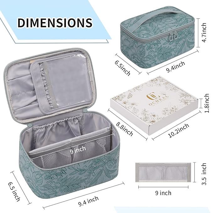 OCHEAL Makeup Bag,Travel Makeup Organizer Bag, Large Capacity Cosmetic Bags for Women Large Travel Toiletry Bag for Girls Traveling With Brush Slot And Divider-Blue Floral