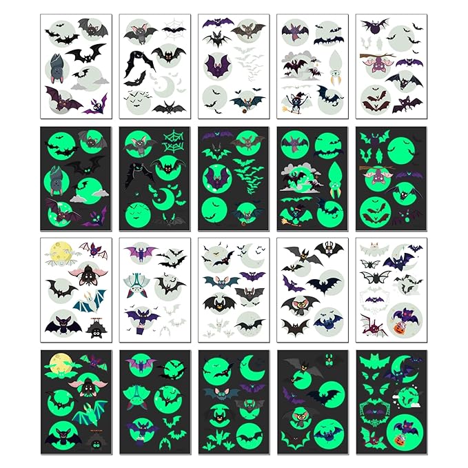 Halloween Luminous Bat Temporary Tattoos for Kids - 10 Sheets Glow In The Dark Halloween Bat Theme Tattoos for Boys and Girls, Halloween Cosplay Face Makeup Accessories Holiday Party Gifts