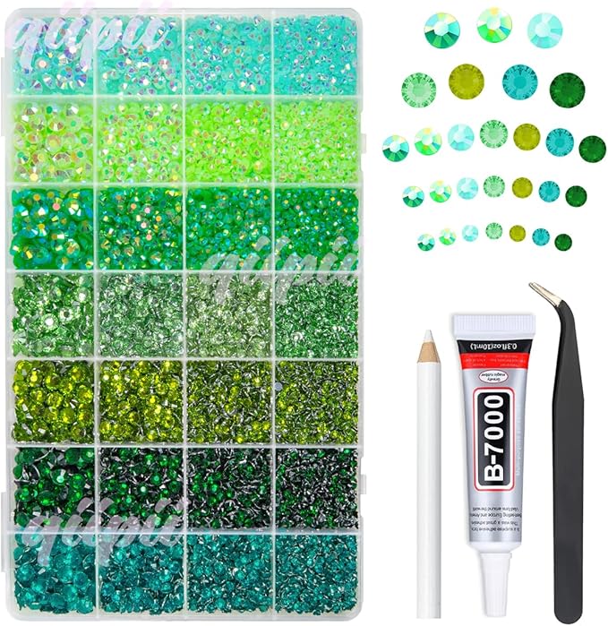 28 Types Green Jelly Resin Rhinestones w B7000 Jewelry Glue for Bedazzling Crafting 3-6mm Flatback Colorful Stones Gems Diamonds for Face Eyes Makeup DIY Crafts Tumblers Bottles Clothes Shoes