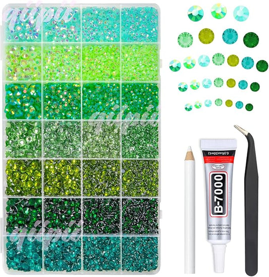 28 Types Green Jelly Resin Rhinestones w B7000 Jewelry Glue for Bedazzling Crafting 3-6mm Flatback Colorful Stones Gems Diamonds for Face Eyes Makeup DIY Crafts Tumblers Bottles Clothes Shoes