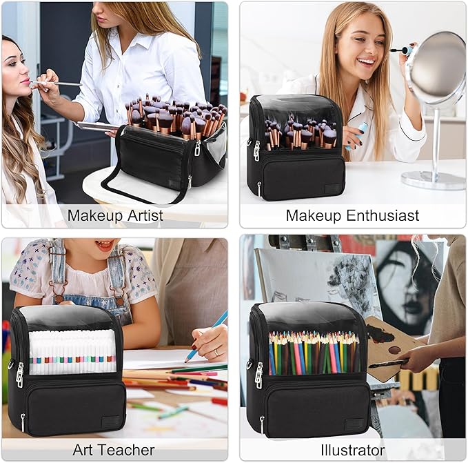 Makeup Brush Case, Extra Large Stand-up Makeup Cup Travel Makeup Brush Bag Foldable Professional Cosmetic Bags Artist Storage Case with Adjustable Divide&Strap (01A-Black（X Large）)