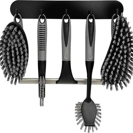 Scrub Brush Set of 6 pcs - Cleaning Shower Scrubbers with Squeegee for Shower Glass and Adhesive Wall Hooks Including Grout Cleaner Brush, Scrub Brushes for Cleaning Bathroom, Shower, Tile, Bathtub