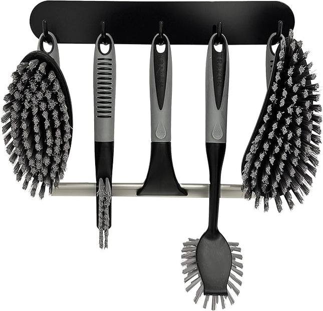 Scrub Brush Set of 6 pcs - Cleaning Shower Scrubbers with Squeegee for Shower Glass and Adhesive Wall Hooks Including Grout Cleaner Brush, Scrub Brushes for Cleaning Bathroom, Shower, Tile, Bathtub