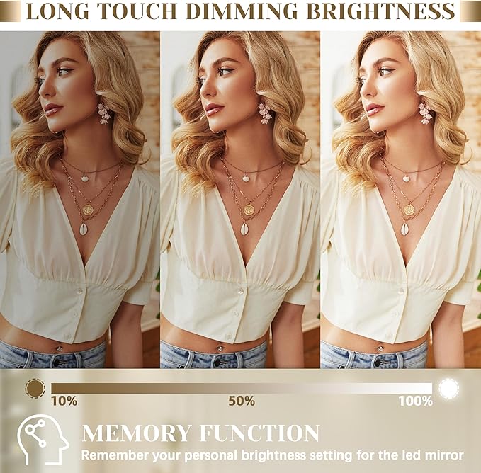 22x20 Inch Lighted Vanity Mirror, 3-Mode Touch Dimming LED Lighting, Large Makeup Mirror for Dressing Room, Tabletop or Wall-Mounted, White