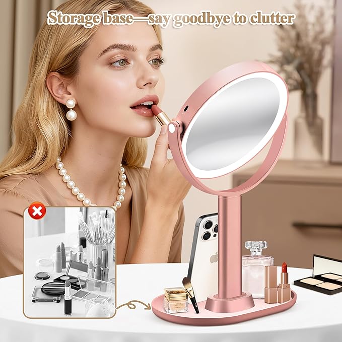 Makeup Mirror with Lights, Double Sided 1x/20x Magnifying Mirror with Light, Rechargeable 3 Color Lights Adjustable Brightness, 360° Rotation Detachable Comes with Tweezer (Rose-Gold)