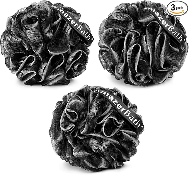 AmazerBath Loofah Sponge, Shower Loofah for Men and Women - Body Scrubber Loofa Set of 3 Classic Black & White Edge, Bath Sponge 60g/PCS