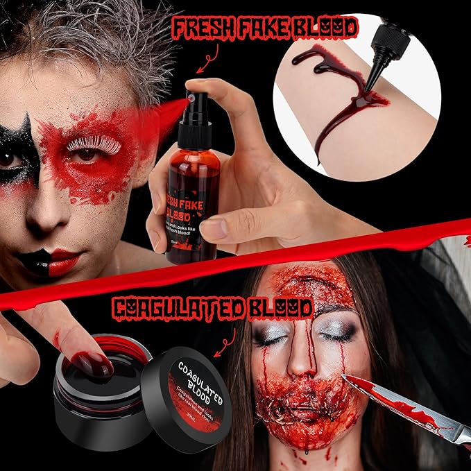 Halloween Special Effect Makeup Kit 6 Colors Fake Blood Face Body Painting, Liquid Latex Sfx Makeup with Skin Wax and Scar Stickers, Multiple Accessories for Vampire Zombie and Fake Scar