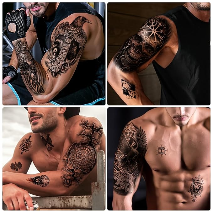77 sheets Viking Temporary Tattoos Adult, Nordic Celtic Tattoos, Totem Tribal Fake Tattoo Stickers for Viking Costume, Nordic Norse Yggdrasil Valknut Fake Arm Tattoos for Women Men Kids