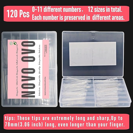 NOVO OVO Halloween Extra Super Extreme Long Stiletto Nail Tips, 5XL XXXXXL Clear Full Cover French Tips False Fake Nail Extension, Sharp Fishbone Arrow Head Nails for Professional 120 pcs 12 Size