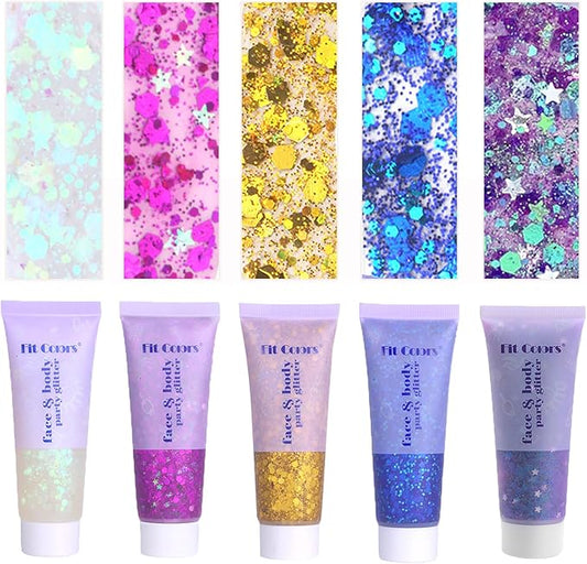 Face Body Glitter, Hair Glitter Sparkles Chunky Face Glitter Gel for Girls Makeup Singer Concerts Mermaid Festival Sequins Face Paint (White+Rose+Gold+Blue+Purple)
