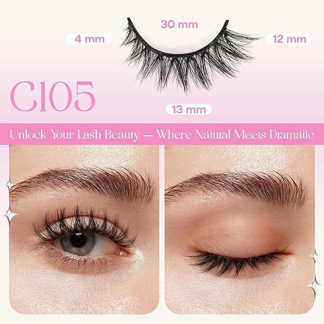 CALAILIS Self Adhesive Eyelashes 5 Pairs Natural Look Press On Lashes No Glue Need Eyelashes Reusable Cat Eye Wispy Self-adhesive False Lashes with Replacement Adhesive Strips (C105)