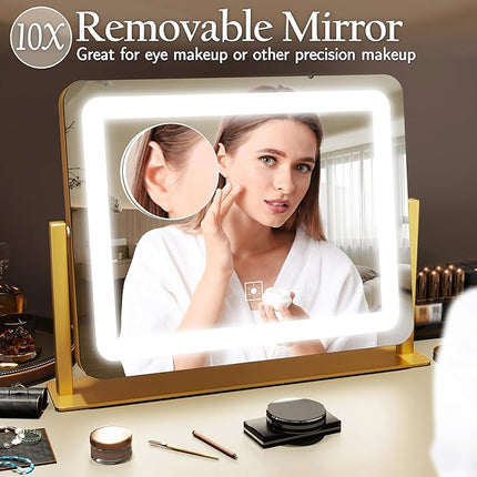 ROLOVE Gold Vanity Mirror with Lights 15" x 12", Lighted Makeup Mirror with 10X Magnification, 3 Color Lighting & Dimmable Brightness, Make Up Mirror with Lighting for Bedroom Tabletop