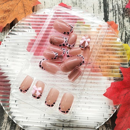 Press on Nails Medium Square Leopard French Tip Fake Nails with Bow Desings Nude Glue on Nails Glossy False Nails Press ons Acrylic Stick on Nails for Women 24 Pcs