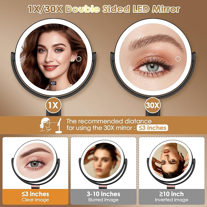 MIYADIVA Makeup Mirror with Lights, 30X/1X Magnifying Mirror with Digital Display, Height Adjustable Desk Mirror, Detachable for Travel, Vanity Mirror with Phone Holders and Tweezers, Black