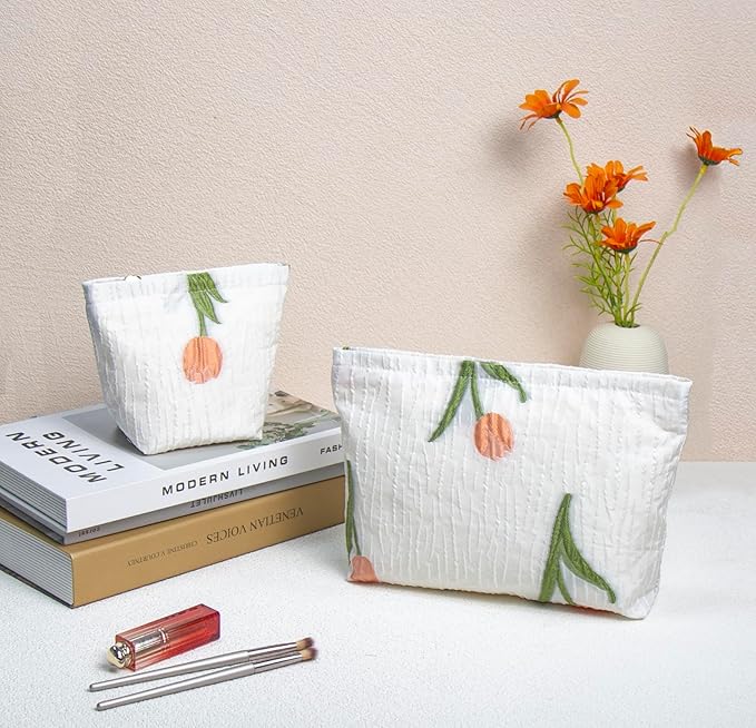 2 Pcs Makeup Bags, Large Cosmetic Bag Travel Toiletry Bag Organizer for Women, Embroidery Craft, Floral Makeup Bag Small Cosmetic Pouch Purse with Zipper Gifts for Girls Teen