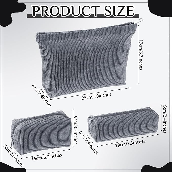 3 Pcs Makeup Bag Set for Women Corduroy Cosmetic Pouch Aesthetic Smile Travel Toiletry Bag Cute Purse Pouch Pencil Case Makeup Brushes Storage Organizer for Christmas(Gray,Solid Style)