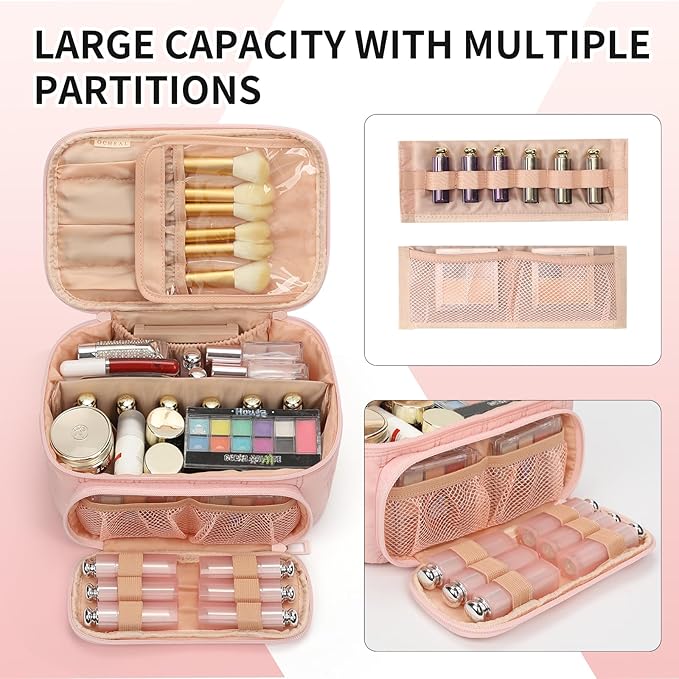 OCHEAL Makeup Bag, Multifunctional Make Up Bags Large Compact Makeup Organizer Bag Cosmetics Toiletry Brushes Storage Case for Women Girls Makeup Case with Handle Divider-Pink