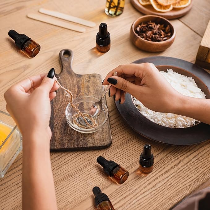 200 Pcs Mini Glass Oil Dropper Bottle Bulk, Clear Essential Small Empty Bottles Sample Containers Perfume Liquid Vials with Cap for Traveling (1 ml,Amber)