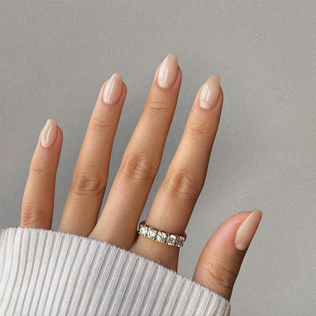 Nude Press on Nails Medium Coffin Fake Nails Press ons, KXAMELIE Full Cover False Nails Tips Medium Length Glue on Nails Natural Thick Long Acrylic Nails 24Pcs Solid Color Coffin Nails for Women